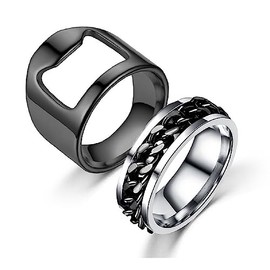 2pcs Stainless Steel Bottle Opener Rings Set Spinner Chain Thumb Creative Beer Bar Opening Tool Ring for Men Women Party Jewelry-Black 10