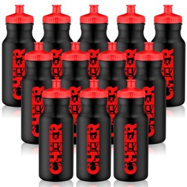 Hushee 12 Pcs Cheer Water Bottles Bulk 20 oz Reusable Cheerleading Water Bottles Sports Drinking Plastic Water Bottle Cheerleader Gifts for Cheer Team Accessories Youth Teenage Gifts (Black and Red)