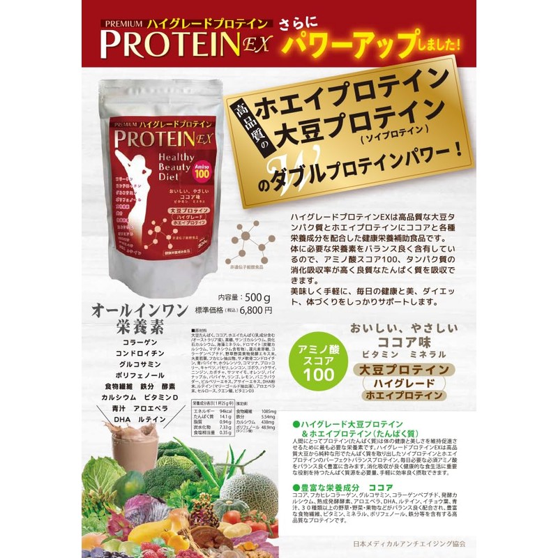 プロテイン オールインワン ココア 無添加 国産 高吸収たんぱく質 500g ソイプロテイン ホエイプロテイン GABA