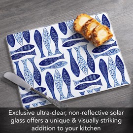 CounterArt Blue Fish 3mm Tempered Glass Cutting Board 10” x 8” Manufactured in the USA Cheese Board Bar Board Dishwasher Safe