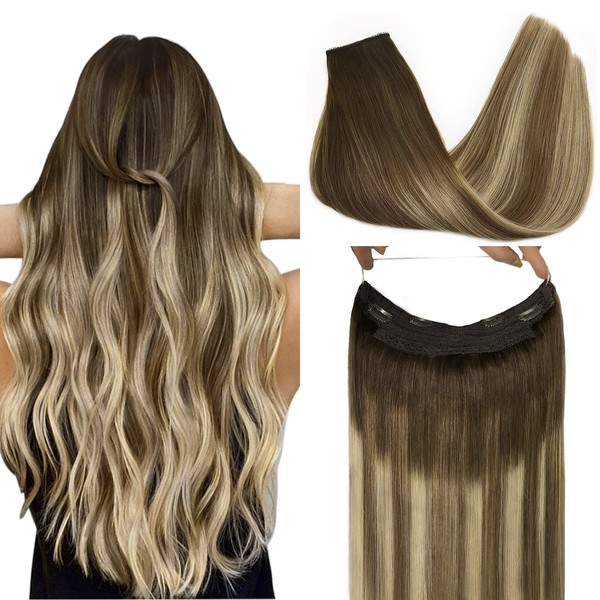 GOO GOO Wire Hair Extensions Human Hair 70g 12 Inch Balayage Walnut Brown to Ash Brown and Bleach Blonde Natural Hair Extensions with Wire Layered Straight Hair Extensions Hairpiece