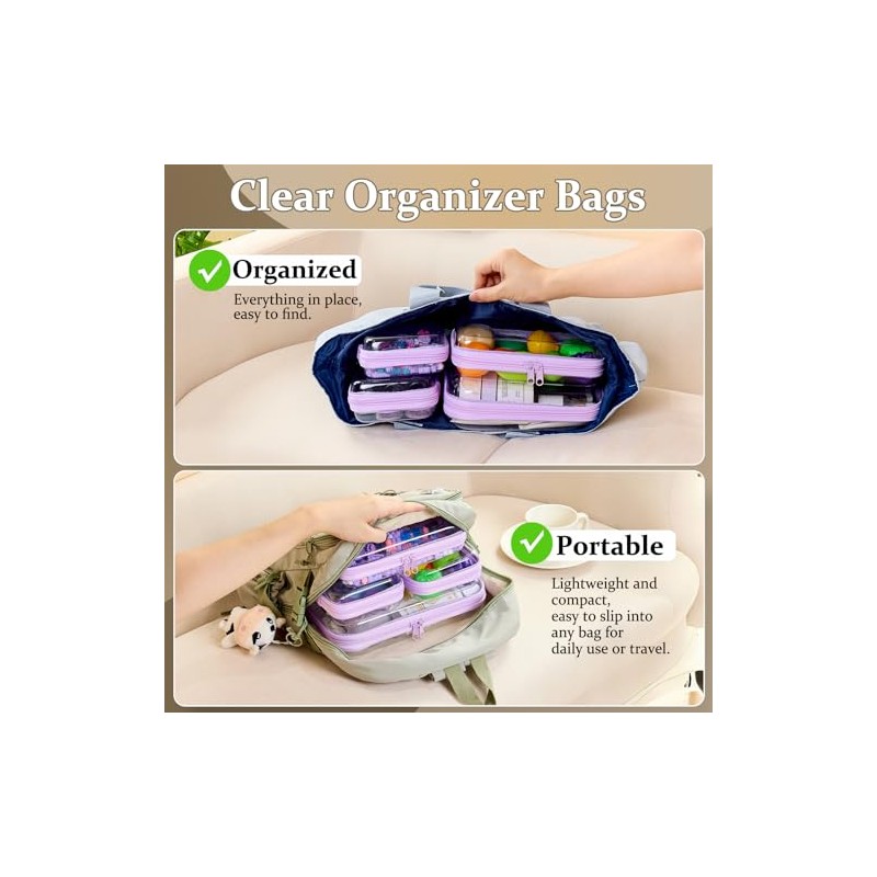 4 bolsas transparentes con cierre, funda rígida con cierre, bolsa