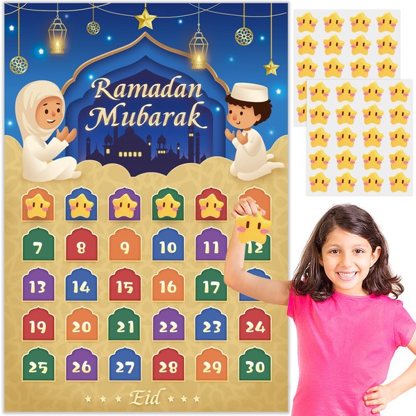 AhfuLife Ramadan Calendrier Décoration 2024, Calendrier de l'Avent Ramadan Suspendre, Eid Mubarak Calendrier Mural de Compte à Rebours en Papier avec 30 Autocollants Étoile, pour Enfants Ramadan Decor