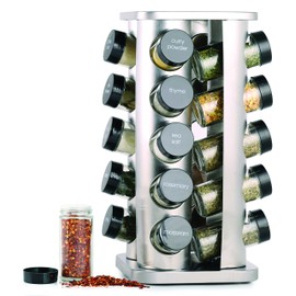Orii 20 Jar Spice Rack with Spices Included - Revolving Tower Organizer for Kitchen Spices and Seasonings, (Stainless Steel)