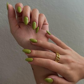 Almond Press on Medium Fake Nails - Grass Green Acrylic Full Cover Stick on With Solid Color Designs - Glossy False Autumn and Winter Artificial for Women - 24Pcs Reusable