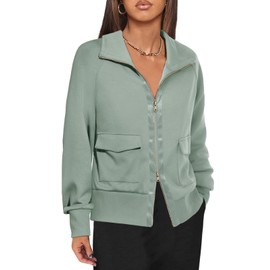 Fisoew Women's Zip up Sweatshirt Collared Neck Long Sleeve Loose Casual Lightweight Jacket with Pockets Pea Green