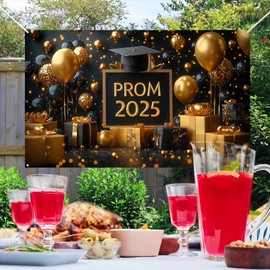 Ticuenicoa Graduation Party Decorations Banner, Match Day Decorations,Prom 2025 Gold and Black Glitter Balloons Gifts Graduation Cap Party Backdrop for High School College Decorations,70.8 x 43.3 Inch