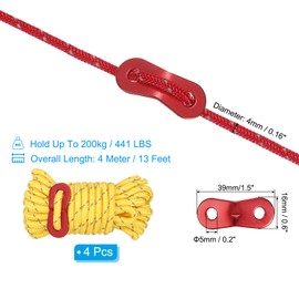 PATIKIL 5mm Tent Rope, 4 Pack 13ft Reflective Guyline Cord Tied Downs Rope Paracord Cord Camping Ropes with Red Aluminum Cord Adjusters for Camping Hiking Tent, Yellow