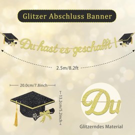 Glitter 2025 Graduation Decorative Garland, Du hast es geschafft Graduation Decorative Banner, Bachelor Hat Hanging Decoration for Graduation, Bachelor and Master Graduation Party Decoration (Gold, D)