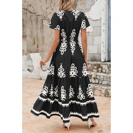 PRETTYGARDEN Womens Summer Casual V Neck Boho Maxi Dress Flowy Aline Bell Sleeve Tiered Floral Dresses with Pocket (Floral Black White,Medium)