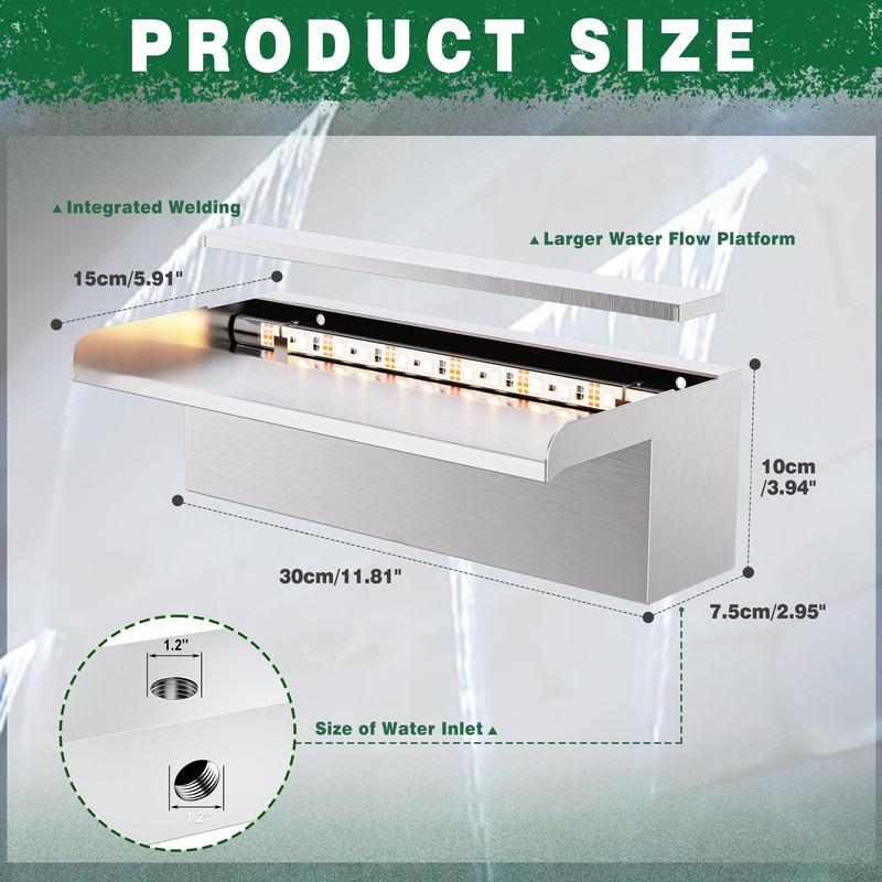 LONGRUN Waterfall Pool Fountain, Updated 5.9'' Wider Open Lip Stainless