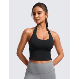 CRZ YOGA Womens Butterluxe Halter Longline Sports Bra - Padded Workout Yoga Crop Tank Tops with Built in Shelf Bra Black X-Large