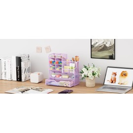 Marbrasse Mesh Desk Organiser,Stationary Organiser,MultiFunctional Pen Holder,Desktop Storage and Drawer for Home Office (Purple)