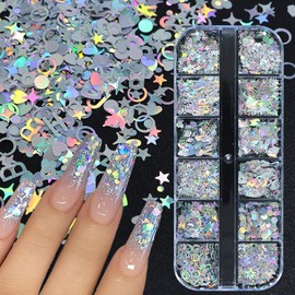 Holographic Nail Glitter Sequins 3D Laser Sliver Glitters Decor Nail Art Accessories Stars Circle Butterfly Letters Heart Flakes Nail Art Designs Nails Decorations for Women Decorative Nail Art