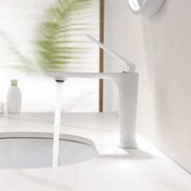 HMEGAO White Modern Bathroom Sink Faucet, Made of Solid Brass, Bathroom Vanity Art Tap, with High Pressure Hoses for Hot and Cold Water