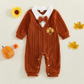 Twopumpkin Baby Boy First Thanksgiving Outfit Newborn Trukey Knit Sweater Romper Long Sleeve Fleece Jumpsuit Warm Clothes (Turkey Brown, 3-6 Months)