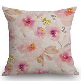 Swono Pink and Purple Floral Farmhouse Pillow Cover 18x18 Inch Home Decor Cotton Linen Throw Pillow Case Cushion Cover for Sofa Couch