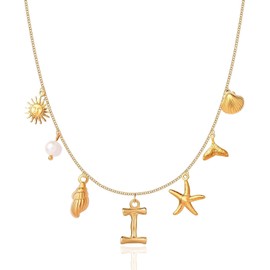 Initial Charm Necklaces for Women Girls 14K Gold Plated A-Z Letter Necklaces Shell Boho Summer Seashell Alphabet Choker Necklace Starfish Surfer Monogram Name Necklace Beach Jewelry Gifts (Gold-I)