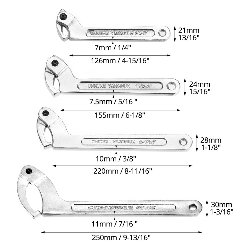 QWORK Spanner Wrench 4-Piece Set, High-Carbon Steel Adjustable Round &
