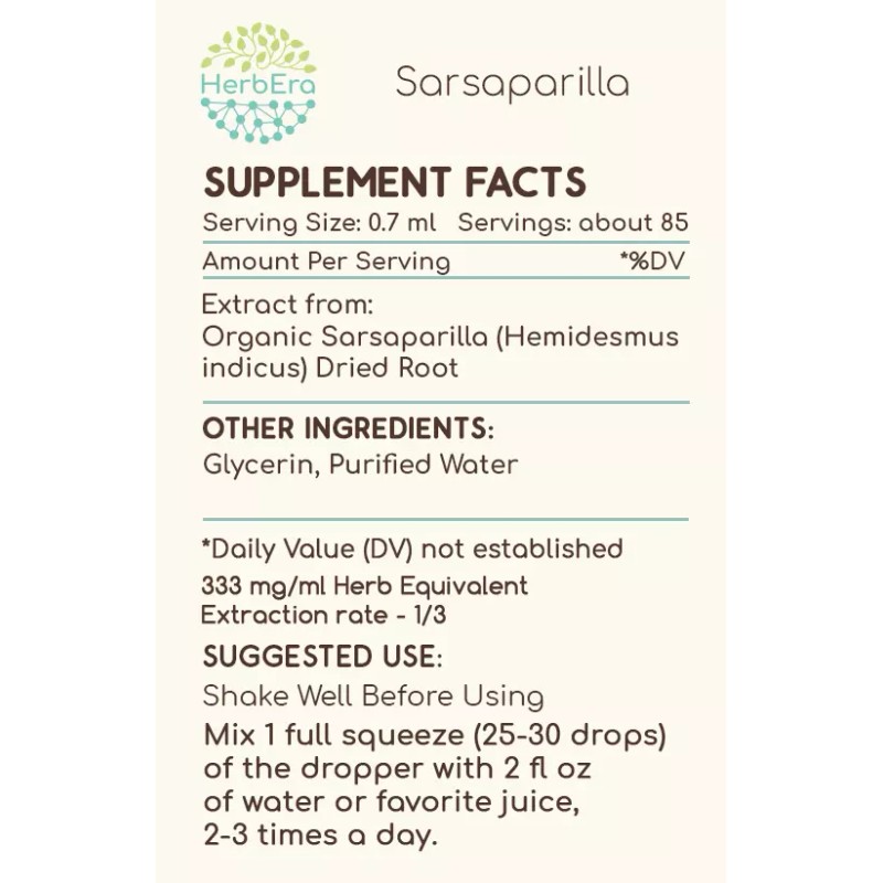 HerbEra Sarsaparilla Alcohol-FREE Tincture Organic (Hemidesmus indicus) - 4 fl