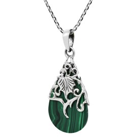 Floral Vine Ornate Teardrop Green Malachite .925 Silver Pendant Necklace