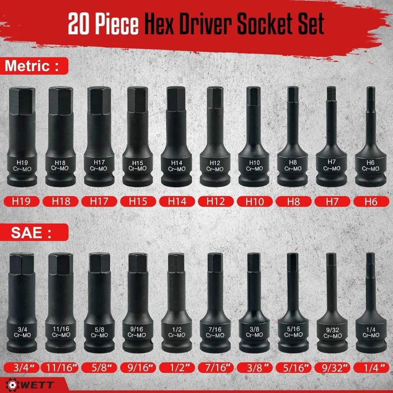 MIXPOWER 1/2 Drive Master Impact Hex Bit Set 20 Piece