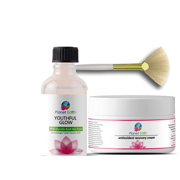 Planet Eden 40% Glycolic Acid Chemical Skin Peel Kit with Antioxidant Recovery Cream and Fan Brush - Exfoliate and Glow - Diminish and improve the look of fine lines, sun damage and enlarged pores