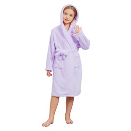 EK4YDNDS Girls Fleece Robe, Hooded Soft Warm Bathrobe Sleepwear for Kids 2-12 Years(LIGHT PURPLE,8)