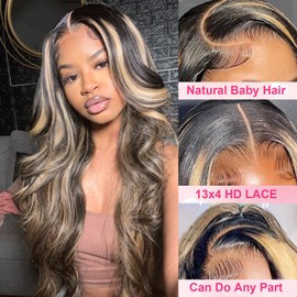 FB/27 Balayage Highlight Ombre Lace Front Wig Human Hair 250 Density Body Wave 13x4 HD Transparent Lace Front Wigs Human Hair Pre Plucked 26 Inch Ash Blonde Wig Human Hair for Women With Baby Hair