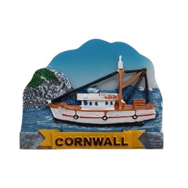 Thomas Benacci Cornwall Trawler Blue Sky and Cliffs Fridge Magnet - Fishing Boat - Cornish Souvenir for Visitors of Portreath Newquay Looe Tintagel or Truro