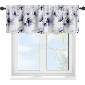 YUVVLFY Grey Blue Floral Valance Curtains for Windows Abstract Watercolor Wildflowers Modern Rod Pocket Decorative Window Valance for Kitchen Bathroom Bedroom Living Room Closet, 54x18 Inch