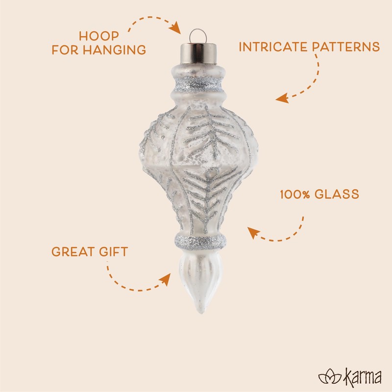 Karma, Christmas Hanging Ornament, Silver Glitter Leaf Scroll Glass Finial