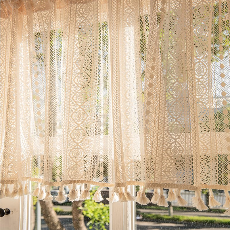 Crochet Macrame Boho Kitchen Curtains Sets for Windows Over Sink