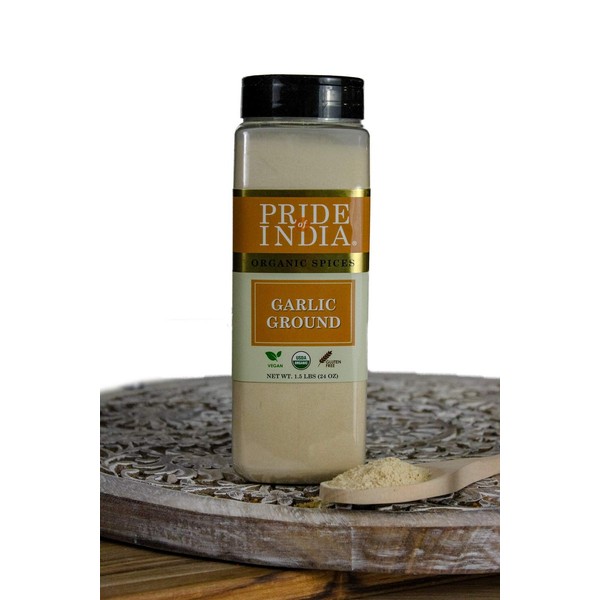 Pride Of India - Organic Garlic Fine Ground - 18 oz Large Dual Sifter Jar - Authentic Indian Staple Spice - Perfect Seasoning for Pasta, Soup and Sauces