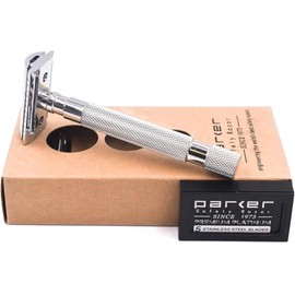 Parker 64S Maquinilla de Afeitar de Seguridad de Doble Filo con Mango de Acero Inoxidable, Cabezal de Peine Cerrado y 5 Cuchillas
