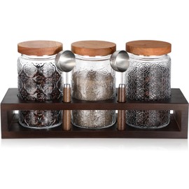 Suclain 3 Pcs 34 oz Glass Coffee Grounds Container with Shelf Glass Coffee Bean Storage Canisters with Airtight Lid and Measuring Spoon Food Storage Jars for Kitchen Sugar (Elegant Style)