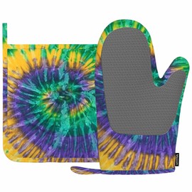 Mxocom Tie Dye Heat-Resistant Oven Mitts and Pot Holder Blue Yellow Purple Kitchen Non-Slip Cooking Microwave Gloves for Cooking Baking Grilling