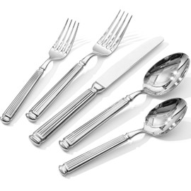 KINGSTONE Silverware Set, 5-Piece 18/10 Stainless Steel Flatware Set - Roman Column Embossed Thick Handle, for Wedding, Home, Restaurant, Kitchen and Party, Mirror Polish & Dishwasher Safe