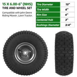 AR-PRO (2-Pack) Replacement 15 x 6.00-6 Tire and Wheel Assemblies for Riding Lawn Mower and Lawn Tractors - 3" Centered Hub with 3/4" Bushings, 4Ply Pneumatic Turf Saver Tires