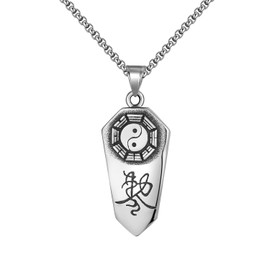 FAZOVIN Stainless Steel Yin Yang Necklace for Men, Tai Chi Charm Pendant Taoist Amulet with Exorcism Spell, Stainless Steel, No Gemstone
