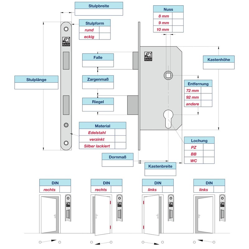 Basi 9250-5522 Mortise Room Door Lock Silver, Multicoloured