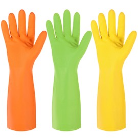 Xinjoduz 3 Pairs Rubber Dishwashing Gloves, Colorful Reusable Household Cleaning Gloves for Washing Dishes and Cleaning Tasks，Flexible Durable Waterproof Kitchen Dish Gloves (Yellow, Green, Orange)