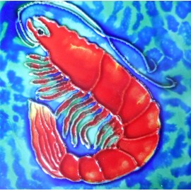 Tile Craft Shrimp hand painted ceramic art tile coaster 4 x 4 inches with back