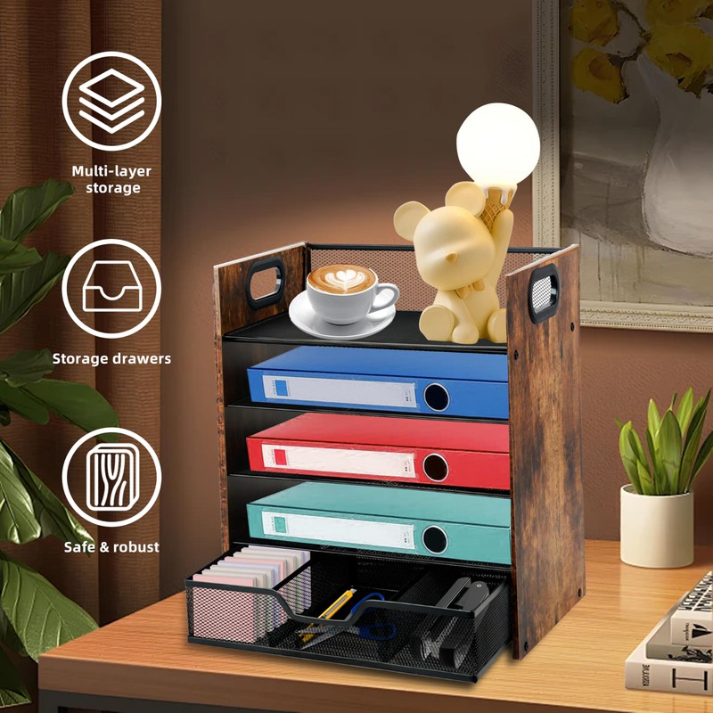 Boershun Wood Desk Organizer - 5-Tier Desktop File Organizer with