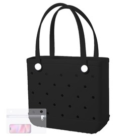 X-Large Rubber Beach Bag Tote Waterproof Tote Bag with Zipper Pocket Modern Travel Tote Bag Sports Beach (Black, Large)