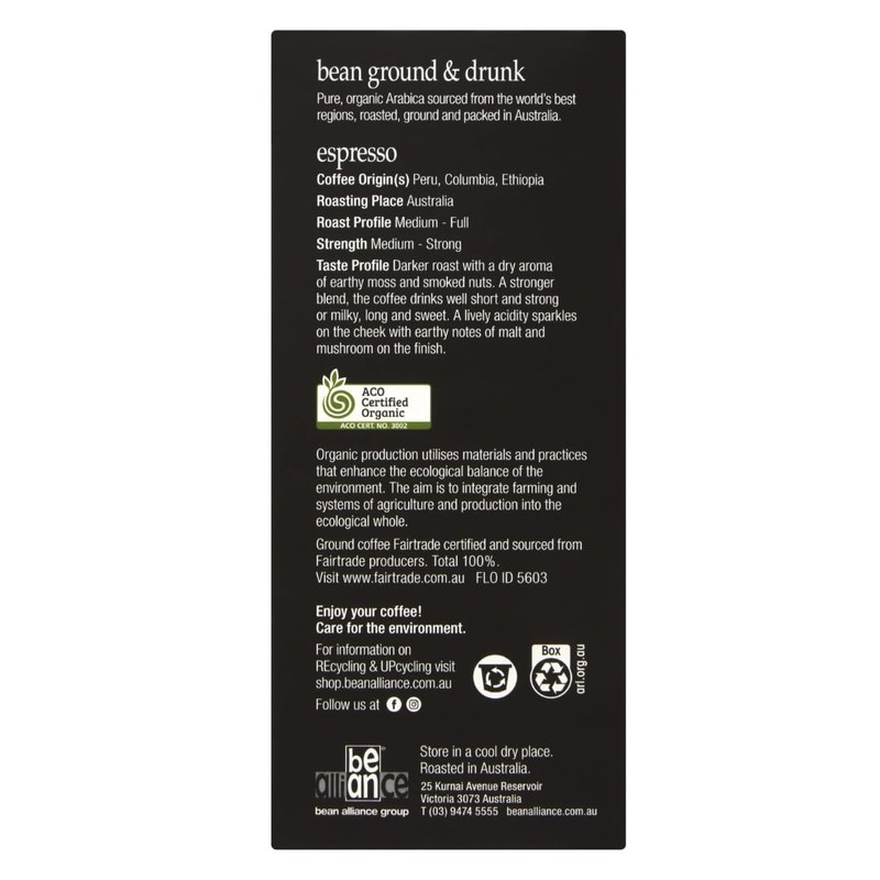 bean ground & drunk Organic Fairtrade Decaff coffee 10 aluminium