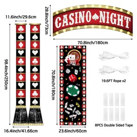Ticuenicoa Casino Night Porch Banner Set - 2PCs 41.66x98.4in Poker Signs with 180x28.7in Hanging Banner & 23.6x70.9in Mat, Includes Tape & Ropes for Vegas Theme Party Decor