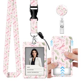 ID Badge Holder with Breakaway Lanyard, Retractable Badge Reel Name Tag, Cute Lanyards for ID Badges Ajustable, Teacher Nurse Work Office Gifts (Cute Bow Leaves)