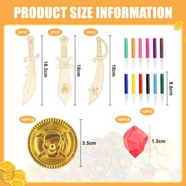 DXLing Pirate Gold Coins Set for Children with 100 Pirate Treasure Gold Coins + 150 Acrylic Gemstones + 6 Wooden Pirate Sword + 12 Coloured Pens for Treasure Hunting Children's Birthday Parties