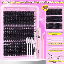 wiwoseo Lash Clusters Kit Volume Lash Extenison Kit with Lash Bond and Seal 100D+130D+150D Thick Cluster Eyelash Extensions Mink Eyelash Clusters Kit Dramatic Individual Lashes for Beginners (12-20MM)